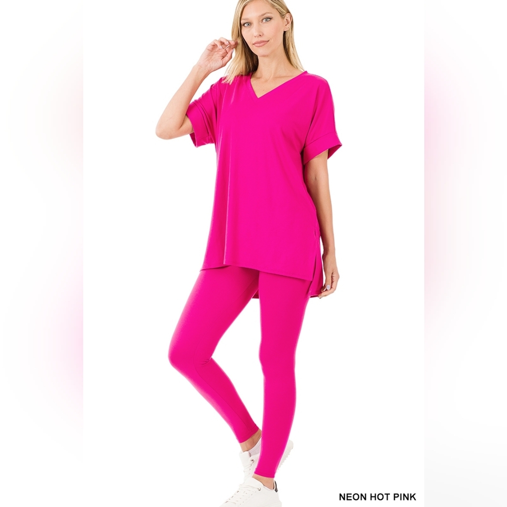 Zenana Hot Neon Pink V-Neck Top and Leggings Set